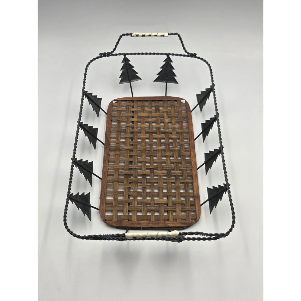 Vintage Wicker Wire Pine Tree Rectangle Bread Basket Tray Handles Holiday
